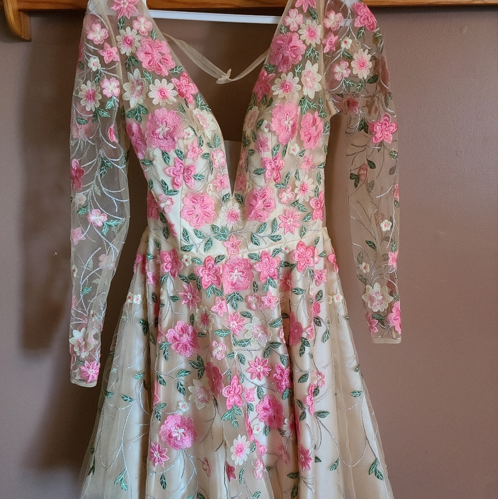 Pink Floral Knee Length Semi-Formal Dress